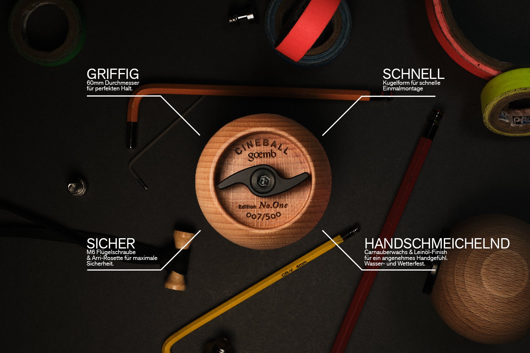 cineball kameragriff schnell griffig sicher, Ergonomischer cineball Kameragriff aus holz für präzise Handhabung von professionellen Kameras